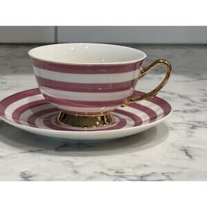 Afternoon Tea Pink White Stripe Gold Tea Cup Saucer Set
